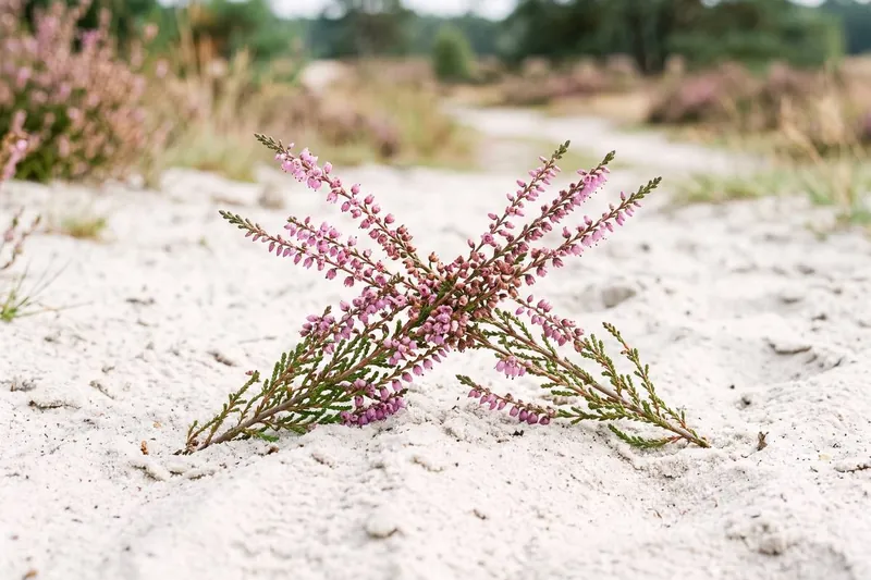 Twee gekruiste takjes heide in het zand
